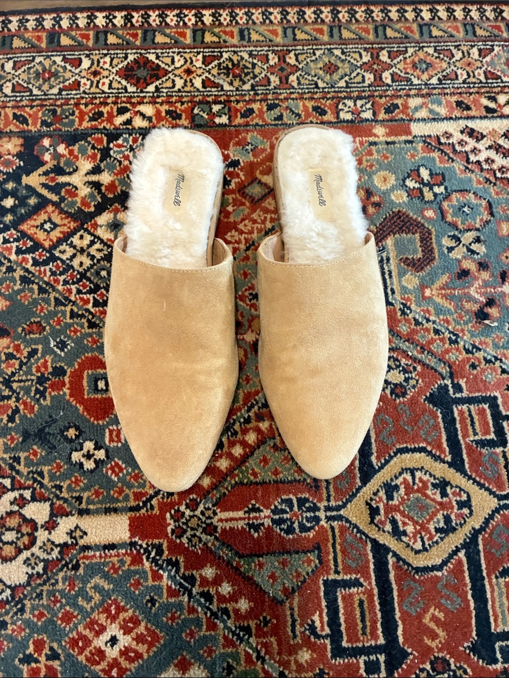 Madewell Tan Faux Suede Shearling-Lined Slip-On Mules